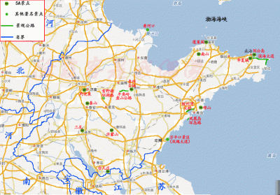 ​山东省旅游地图：最美公路，5A级景点位置标识和简要介绍