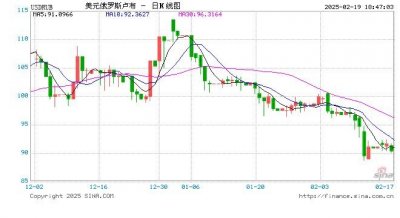 ​02月19日 美元兑俄罗斯卢布跌破90.3800 折算100俄罗斯卢布汇率兑8.0100人民