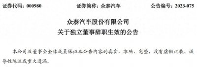 ​众泰汽车股份有限公司独立董事赵万华辞职