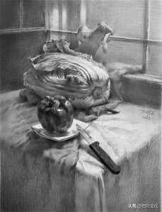 大白菜青椒盘子水果刀辣椒等蔬菜类组合静物素描步骤图